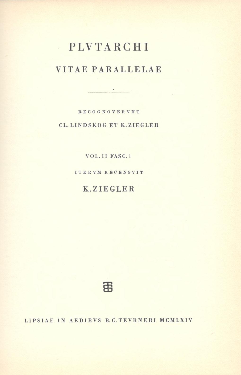 PLUTARCHI, VITAE PARALLELAE, VOL. II, (FASC. 1), [ΠΛΟΥΤΑΡΧΟΥ, ΒΙΟΙ ΠΑΡΑΛΛΗΛΟΙ, Τ. Β