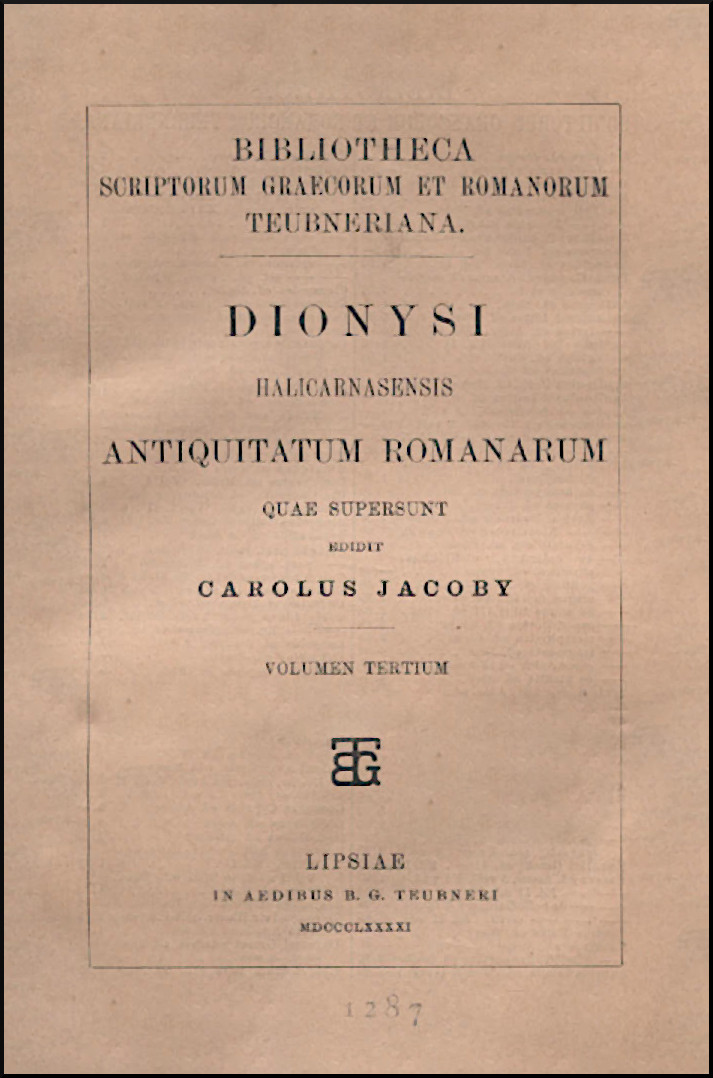 DIONYSI HALICARNASENSIS ANTIQUITATES ROMANARUM QUAE SUPERSUNT VOL. TERTIUM