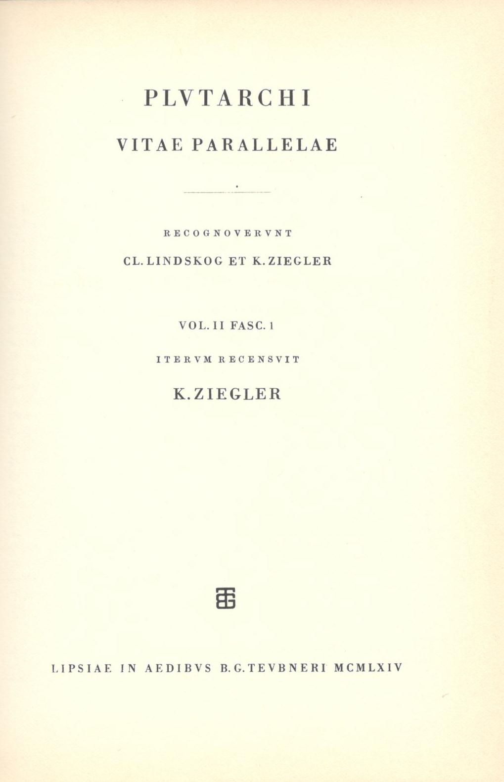 Plutarchi, Vitae Parallelae, Vol. II, (Fasc. 1), [Πλουτάρχου, Βίοι Παράλληλοι, τ. Β